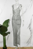 Vestido longo cinza sexy liso vazado transparente com alça fina