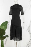 Zwarte elegante effen uitgeholde patchwork rits halve coltrui taille rok jurken
