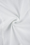 Weiße, lässige, solide Patchwork-Taschenknöpfe, Umlegekragen, lange Ärmel, zweiteilig