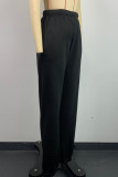 Zwarte casual effen normale broek met hoge taille, conventionele effen kleur