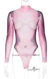 Bodysuits skinny com estampa de rua sexy vermelha rosa vermelha patchwork transparente com decote em O