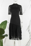 Negro elegante sólido ahuecado hacia fuera patchwork cremallera medio cuello alto cintura falda vestidos