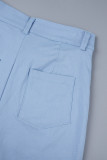 Light Blue Casual Solid Patchwork Pocket Buttons Turndown Collar Long Sleeve Two Pieces