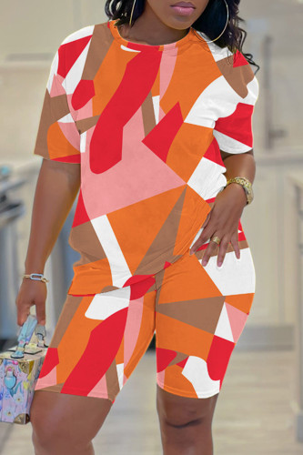 Orange Casual Print Basic O Neck Short Sleeve Two Pieces