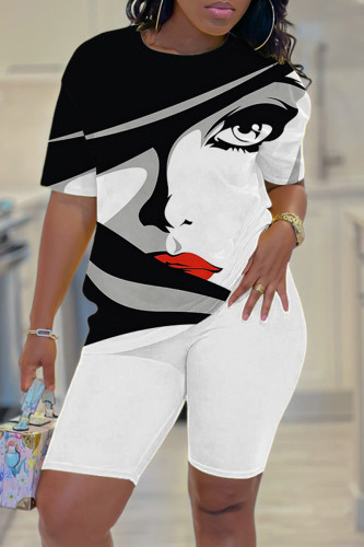 White Black Casual Print Basic O Neck Short Sleeve Two Pieces