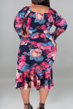 Patchwork casual roxo estampado de rua com cinto vestido estampado com decote em U Vestidos plus size