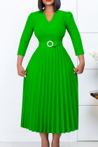 Piega patchwork solida elegante verde con cintura con scollo a V abiti a linea