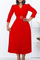 Rojo Elegante Patchwork Sólido Pliegue Con Cinturón Cuello En V Una Línea Vestidos