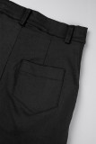 Schwarzes, lässiges, solides Patchwork-Zweiteiler mit Taschenknöpfen, Umlegekragen und langen Ärmeln