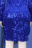 Azul real sexy elegante sólido oco lantejoulas retalhos zíper o pescoço saia enrolada vestidos tamanhos grandes