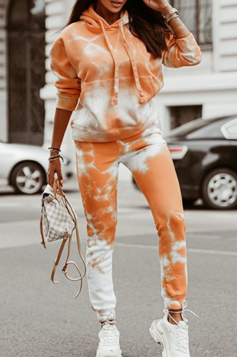 Tangerine Red Casual Tie Dye Patchwork Draw String Pocket Hooded Collar Long Sleeve Two Pieces