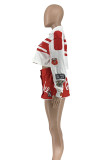Красная улица с буквенным принтом, лоскутное шитье, карман, пряжка, пуговицы, воротник-стойка с длинным рукавом, две части (съемная)