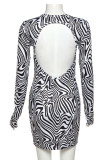 Black White Sexy Striped Hollowed Out Printing O Neck Sheath Dresses