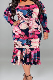 Patchwork casual roxo estampado de rua com cinto vestido estampado com decote em U Vestidos plus size