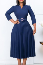 Dobra de retalhos sólido elegante azul com cinto decote em V vestidos linha A