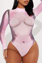 Body skinny trasparenti con scollo a O patchwork con stampa di strada sexy rosso rosa