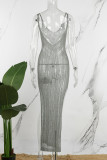 Vestido longo cinza sexy liso vazado transparente com alça fina