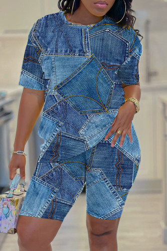 Blue Casual Print Basic O Neck Short Sleeve Two Pieces