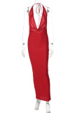 Red Sexy Celebrities Print Patchwork Frenulum Halter Long Dress Dresses