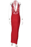 Красные сексуальные знаменитости с принтом в стиле пэчворк, длинное платье с уздечкой на бретельках, платья