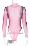 Bodysuits skinny com estampa de rua sexy vermelha rosa vermelha patchwork transparente com decote em O