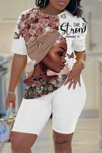 White Brown Casual Print Basic O Neck Short Sleeve Two Pieces