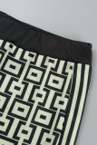 Colarinho cáqui estampado casual patchwork com zíper manga longa duas peças