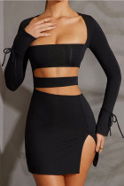 Черные сексуальные уличные однотонные платья-футляры с вырезом в стиле пэчворк и U-образным вырезом