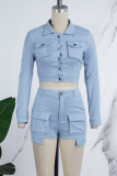Light Blue Casual Solid Patchwork Pocket Buttons Turndown Collar Long Sleeve Two Pieces
