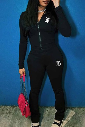 Black Street Print Letter Zipper Collar Long Sleeve Two Pieces
