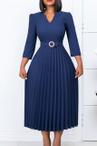 Dobra de retalhos sólido elegante azul com cinto decote em V vestidos linha A