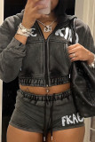 Dark Gray Street Letter Patchwork Pocket Zipper Hooded Collar Long Sleeve Two Pieces