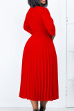 Piega patchwork solida elegante rossa con abiti a trapezio con scollo a V e cintura