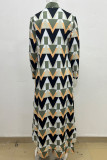 Blue Yellow Casual Print Patchwork Slit Cardigan Collar Outerwear