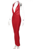 Rode sexy beroemdheden print patchwork frenulum halter lange jurk jurken