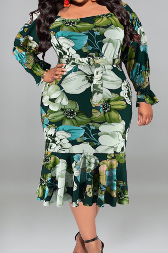 Olive Green Casual Street Print Patchwork With Belt U Neck Printed Dress Plus Size Dresses