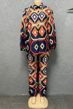 Multicolor Casual Geometric Patchwork Buckle Turndown Collar Plus Size Two Pieces