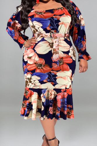 Orange Red Casual Street Print Patchwork With Belt U Neck Printed Dress Plus Size Dresses