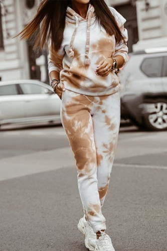 Khaki Casual Tie Dye Patchwork Draw String Pocket Hooded Collar Long Sleeve Two Pieces