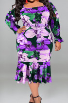 Paarse casual straatprint patchwork met riem U-hals bedrukte jurk Grote maten jurken