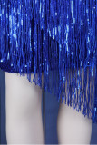 Azul real sexy elegante sólido oco lantejoulas retalhos zíper o pescoço saia enrolada vestidos tamanhos grandes