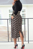 Falda de un paso de cuello alto con estampado de patchwork de trabajo informal de color caqui Vestidos