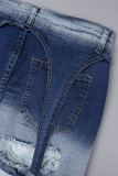Saias jeans skinny cintura alta rasgadas casuais estilo cowboy azul