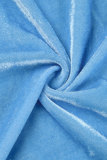 Azul céu casual patchwork sólido colarinho com zíper manga longa duas peças