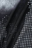 黒のセクシーなプリント シースルー ハーフ タートルネック長袖ドレス