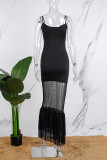 Черное сексуальное повседневное длинное платье с принтом в стиле пэчворк и открытой спиной на тонких бретелях