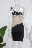 Schwarze sexy Patchwork-Hot-Drilling-durchsichtige, rückenfreie Sling-Kleider mit schrägem Kragen