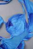 Blauwe Sexy Print Bandage Uitgeholde Backless Halter Korte Mouw Twee Stukken