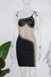 Blanc Sexy Patchwork Hot Drilling See-through Backless Oblique Collar Sling Dress Robes
