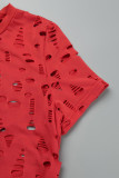 Red Sexy Solid Hollowed Out O Neck Short Sleeve Two Pieces Ripped T-shirts Tops And Skinny Pants Sets